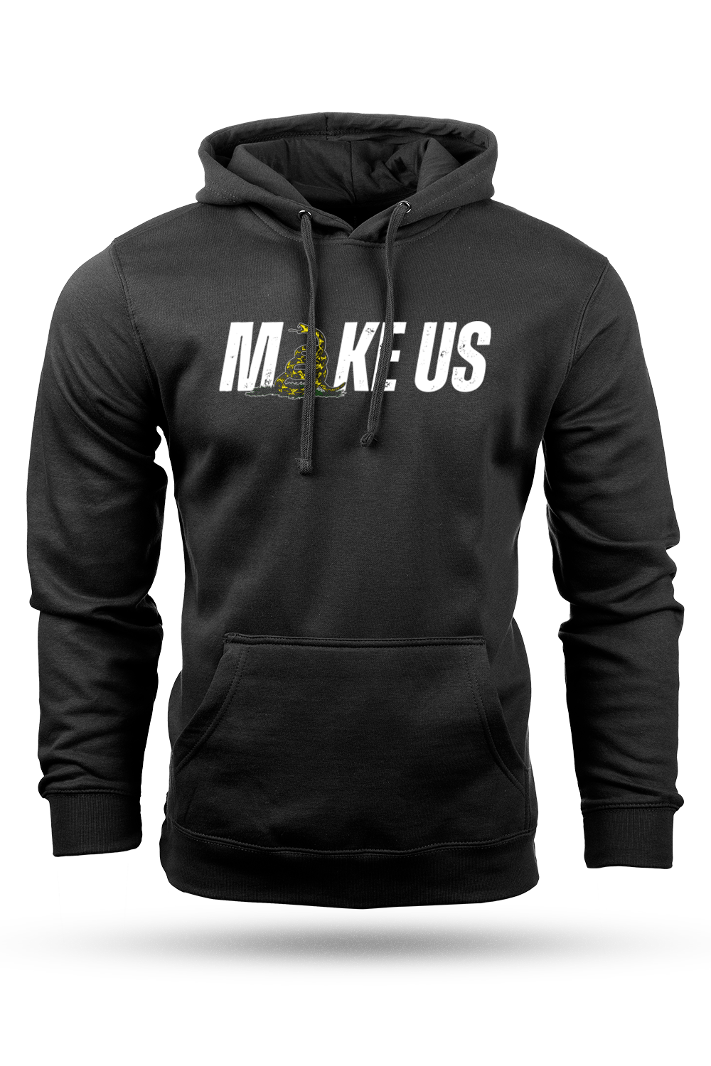 Black hoodie with 'MAKE US' text on a white background