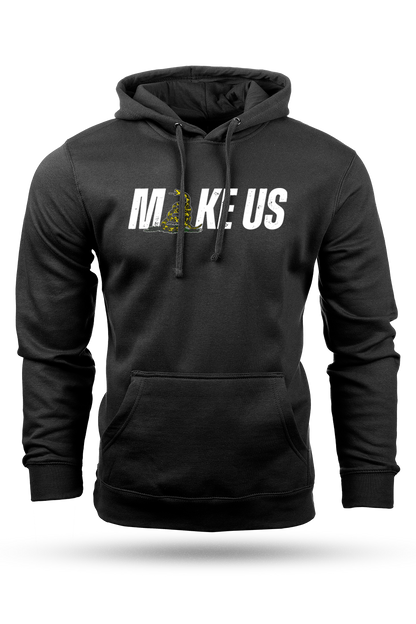 Black hoodie with 'MAKE US' text on a white background