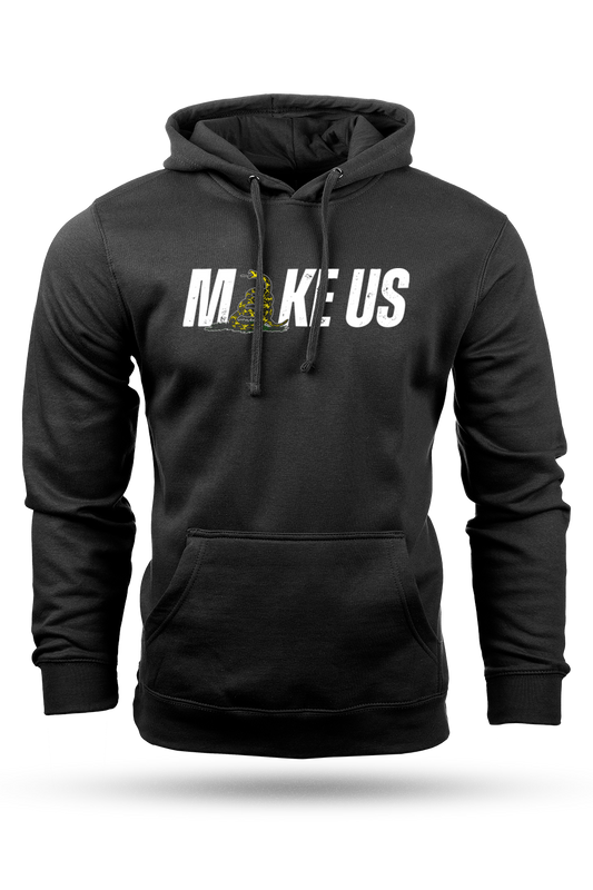 Black hoodie with 'MAKE US' text on a white background