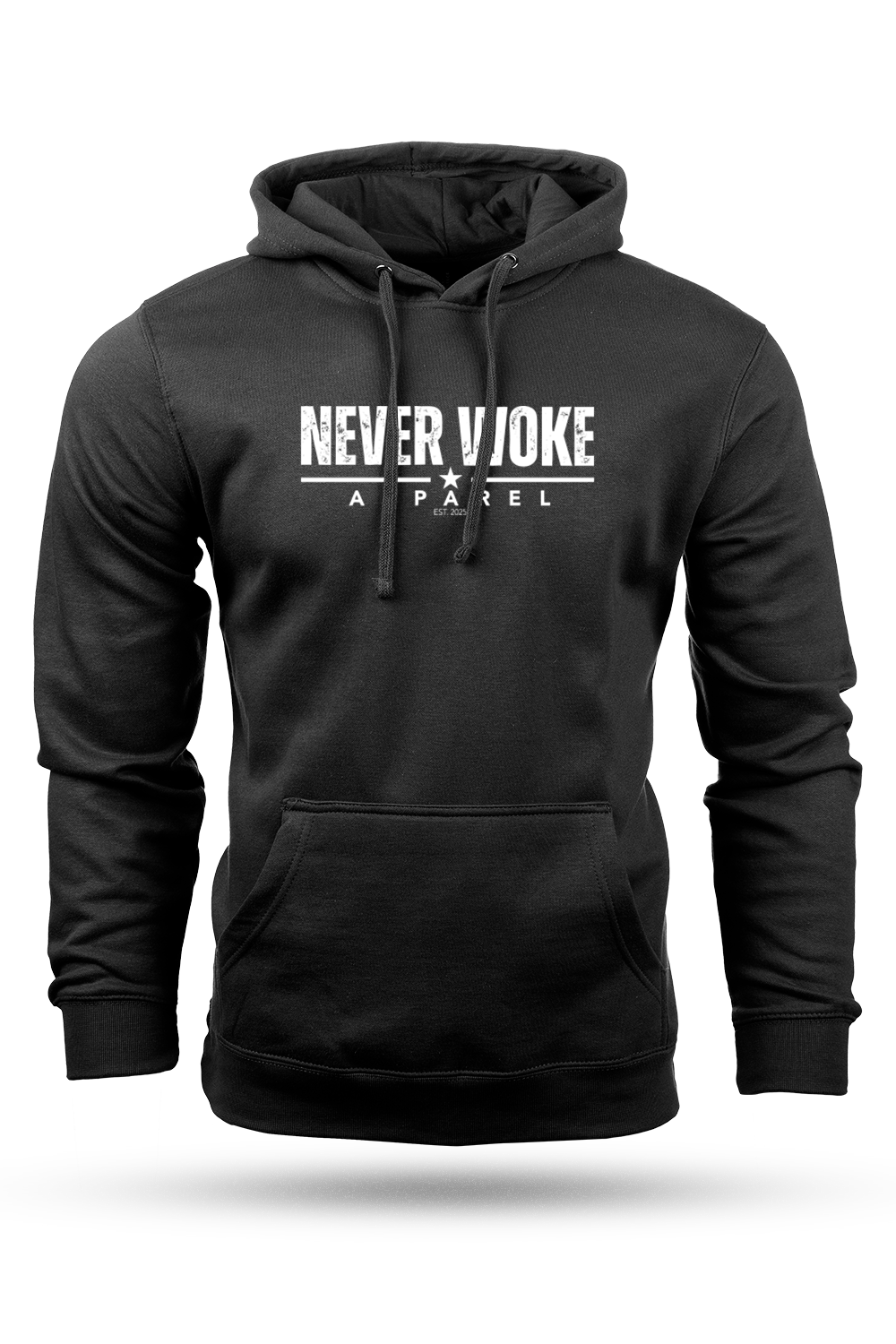Black hoodie with 'Never Woke Apparel' text on a white background