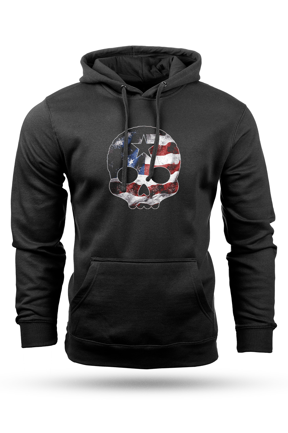 Black hoodie with a skull design featuring the American flag on a white background