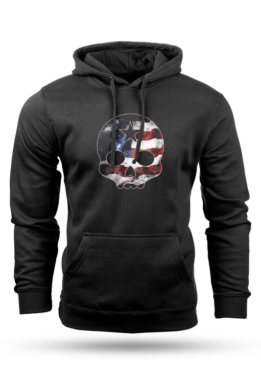 Black hoodie with a skull design featuring the American flag on a white background