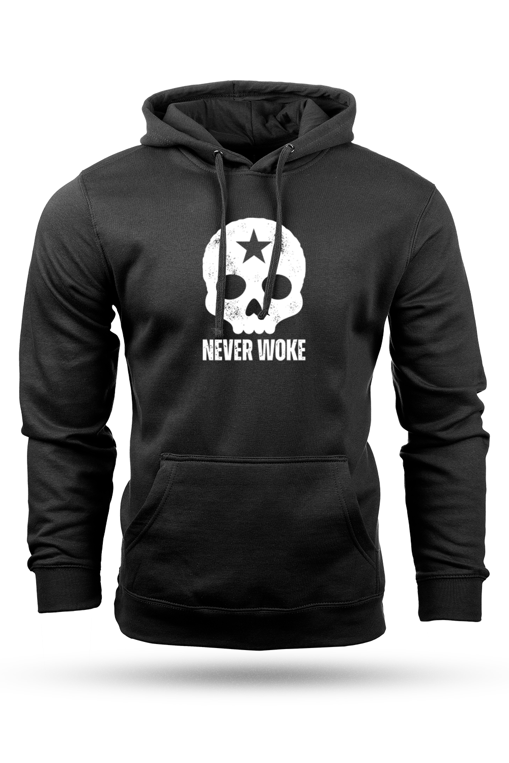 Black hoodie with a skull design and 'Never Woke' text on a white background