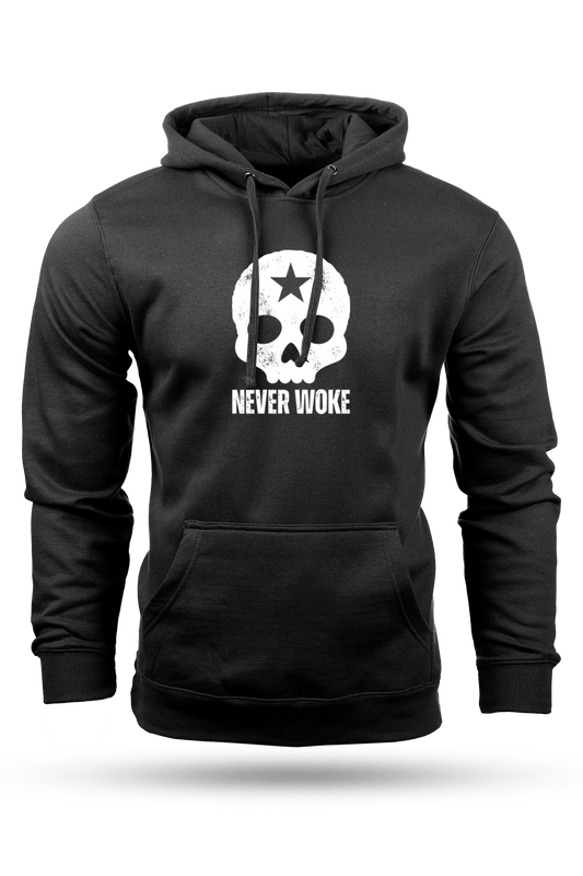 Black hoodie with a skull design and 'Never Woke' text on a white background