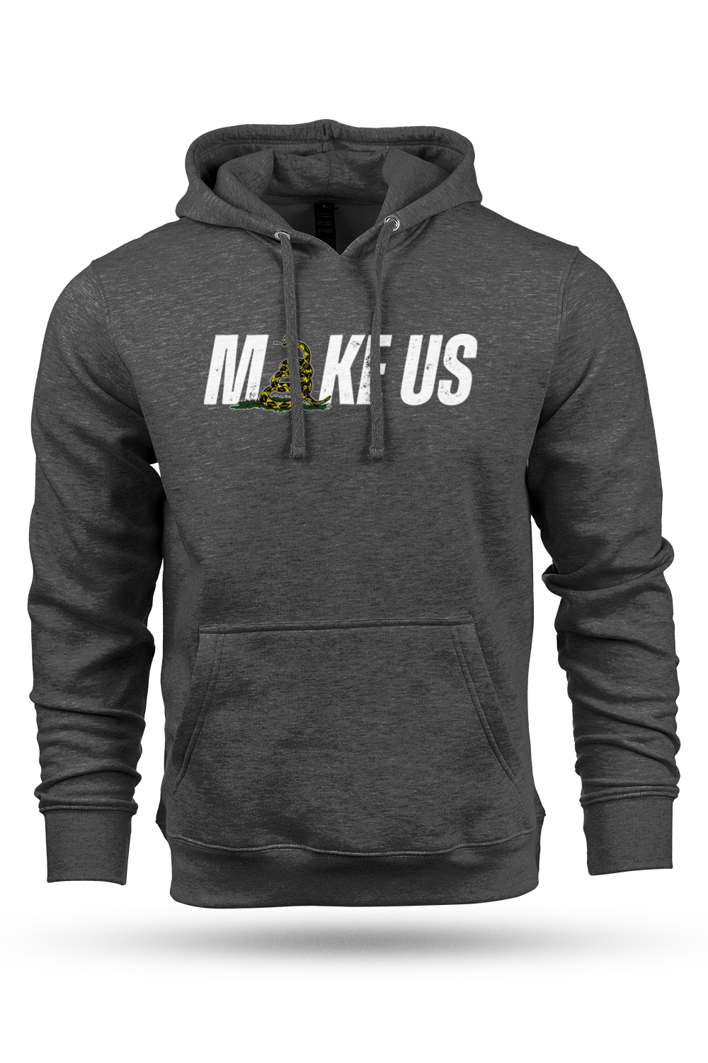 Gray hoodie with 'MAKE US' text on a white background