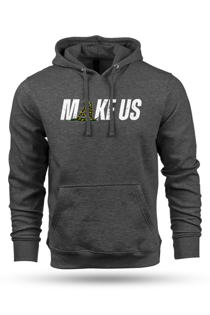 Gray hoodie with 'MAKE US' text on a white background