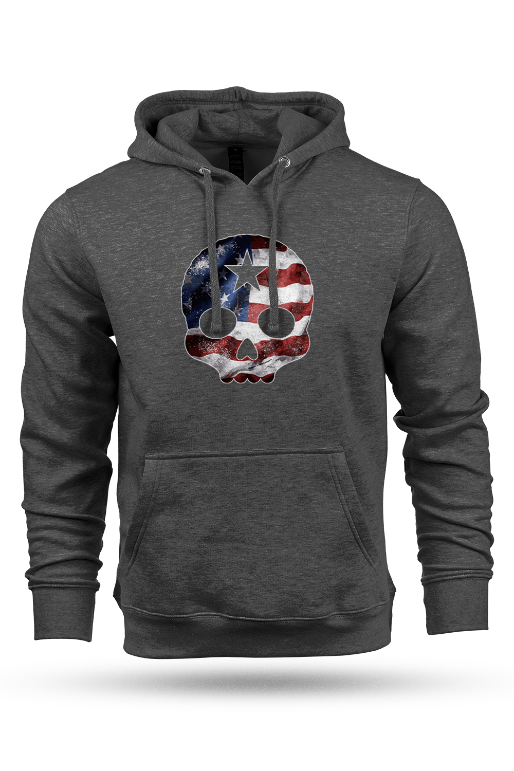 Gray hoodie with a skull design featuring an American flag on a white background