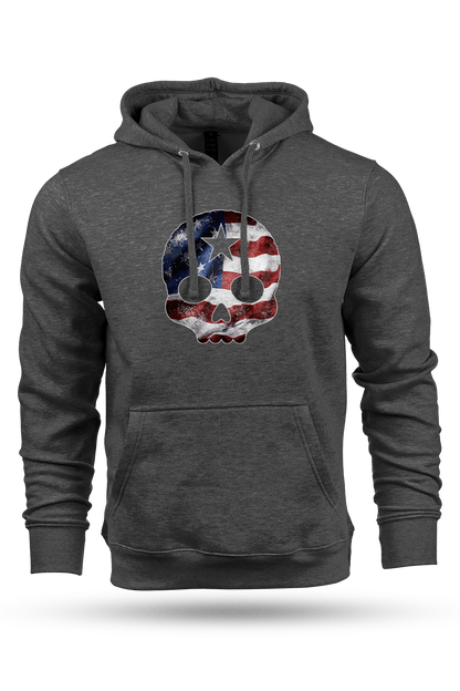 Gray hoodie with a skull design featuring an American flag on a white background