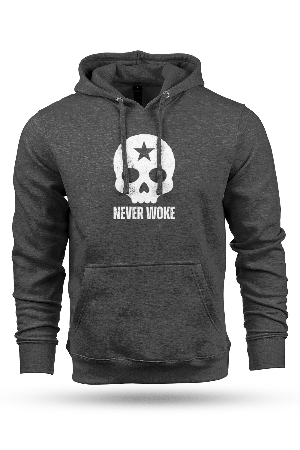 Gray hoodie with skull design and 'Never Woke' text on a white background