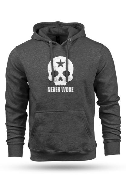 Gray hoodie with skull design and 'Never Woke' text on a white background