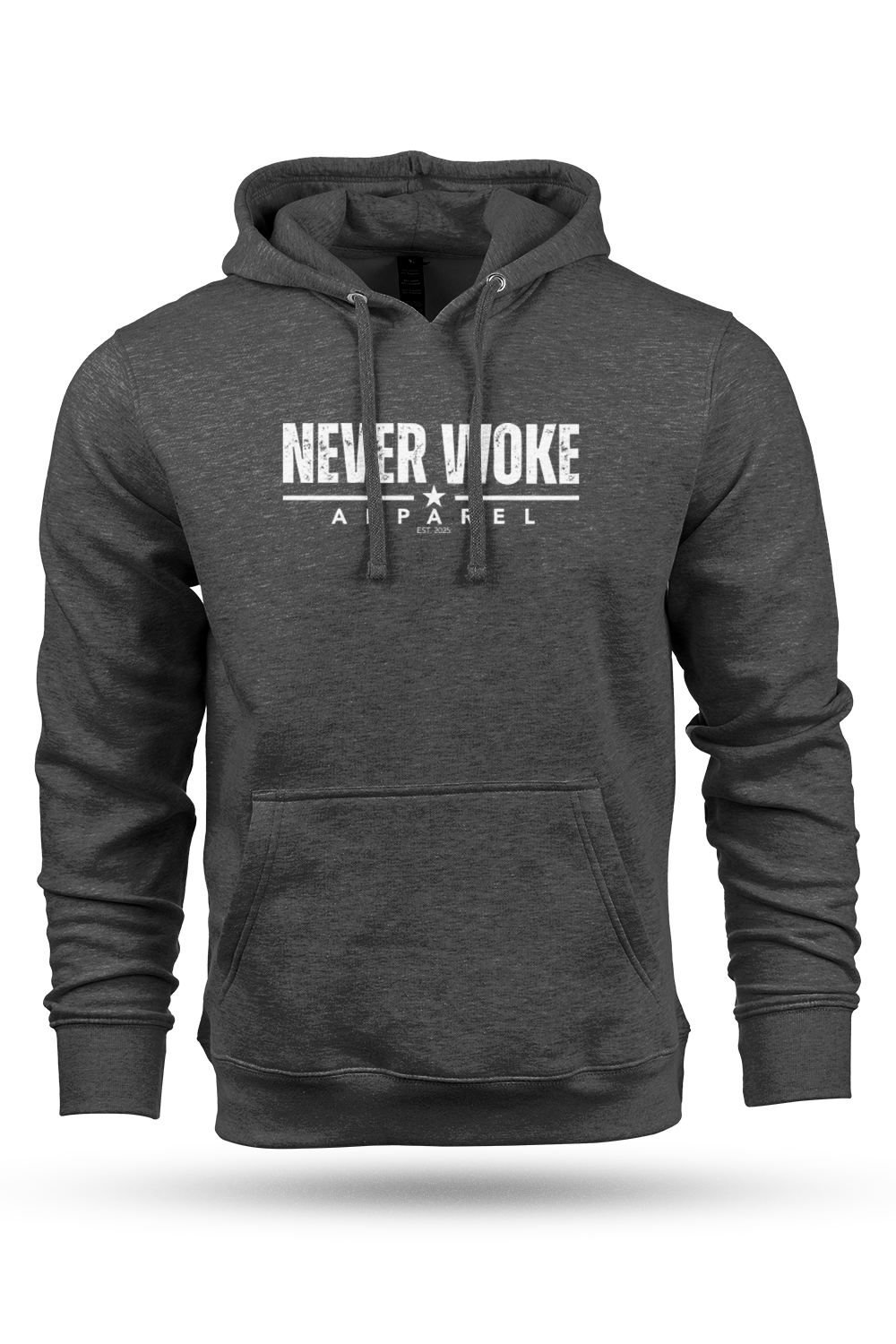 Gray hoodie with 'Never Woke Apparel' text on a white background