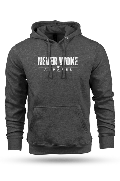 Gray hoodie with 'Never Woke Apparel' text on a white background