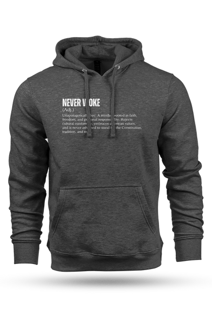 Gray hoodie with 'Definition' text on a white background