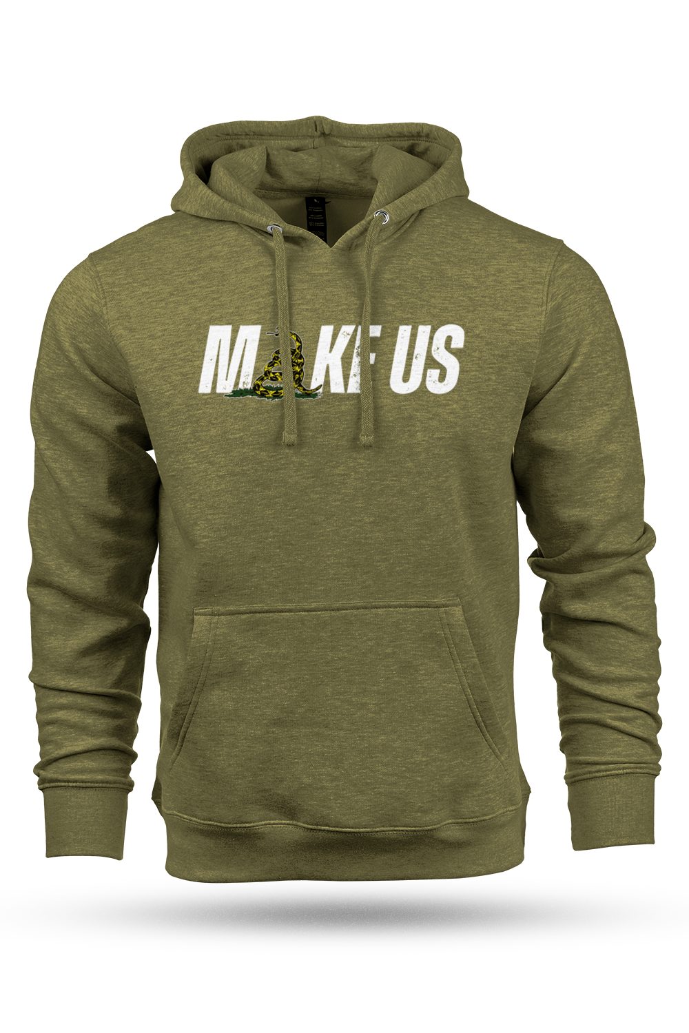 Green hoodie with 'MAKE US' text on a white background