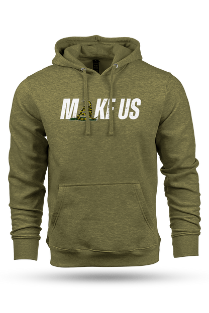 Green hoodie with 'MAKE US' text on a white background