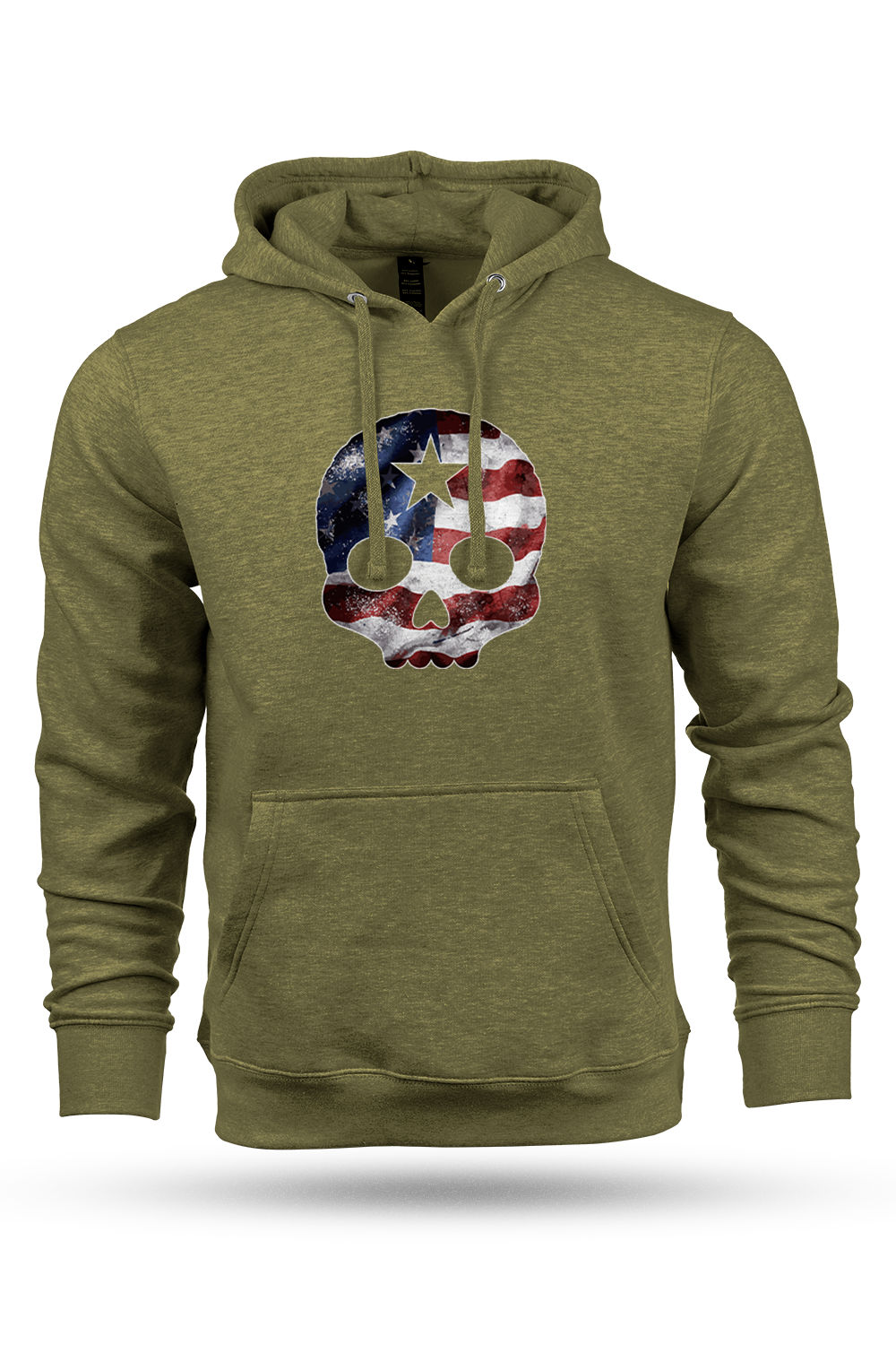 Green hoodie with a skull design featuring the American flag on a white background
