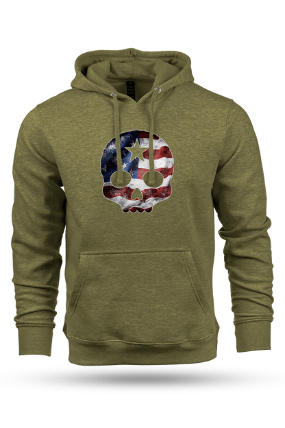 Green hoodie with a skull design featuring the American flag on a white background