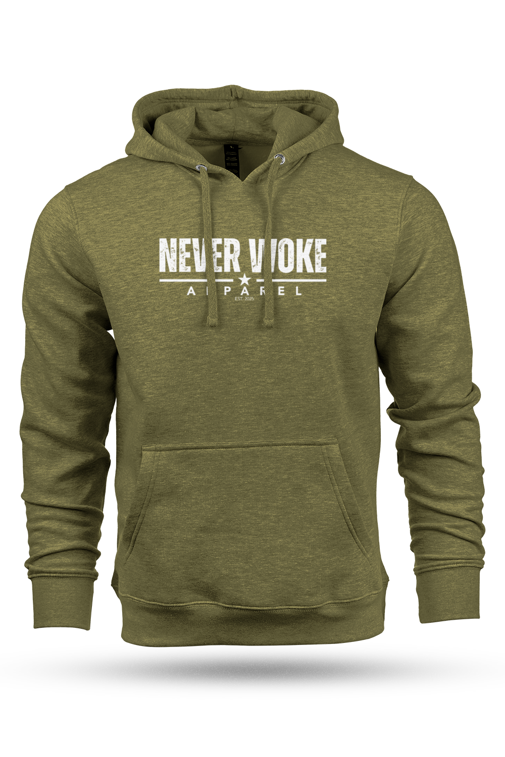 Green hoodie with 'Never Woke Apparel' text on a white background