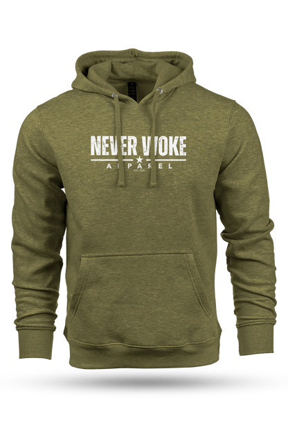 Green hoodie with 'Never Woke Apparel' text on a white background