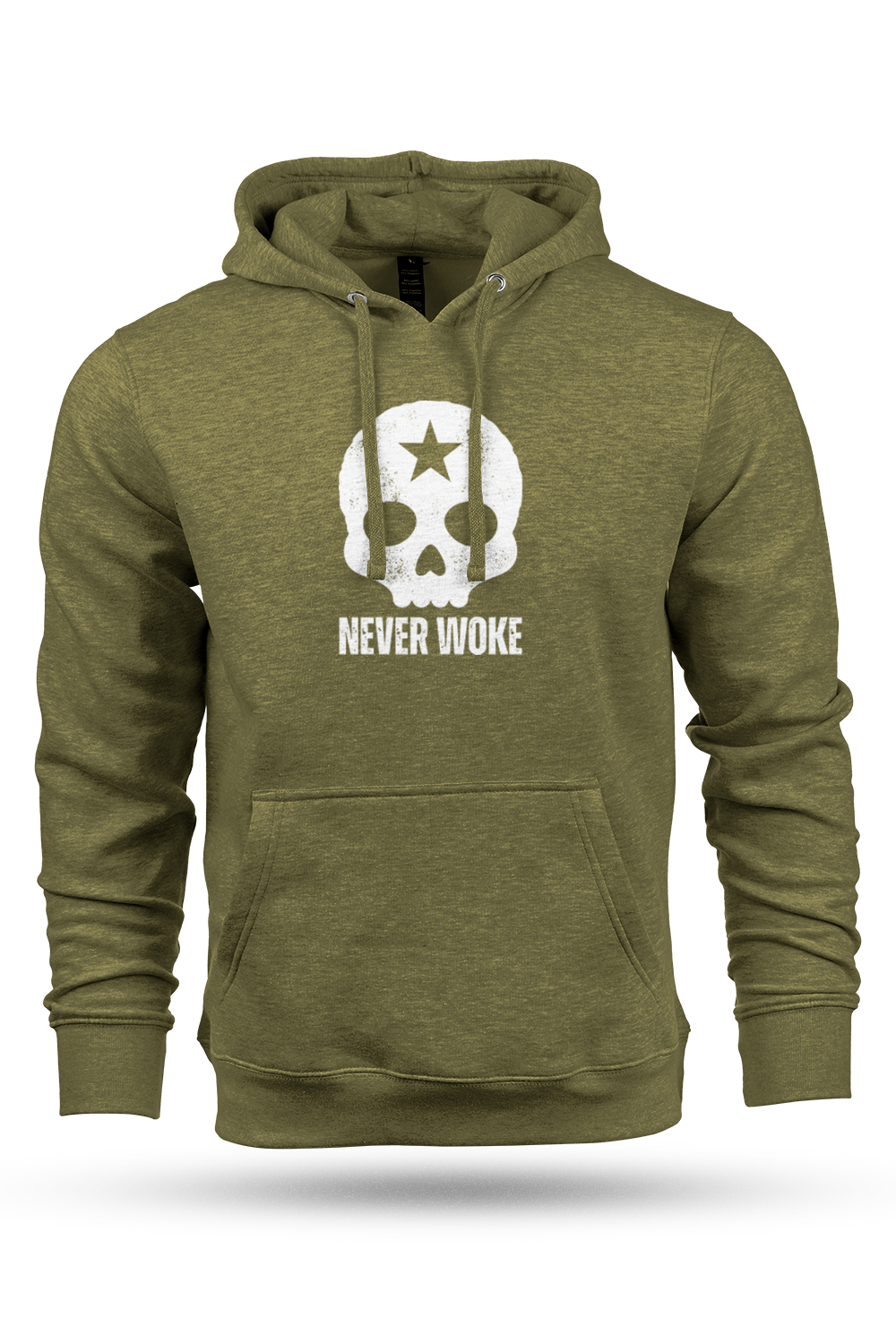 Green hoodie with skull and star design and 'Never Woke' text on a white background