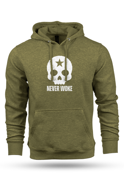 Green hoodie with skull and star design and 'Never Woke' text on a white background