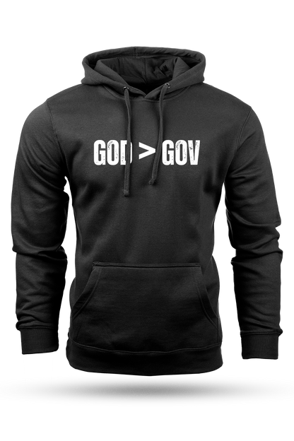 Black hoodie with 'GOD > GOV' text on a white background