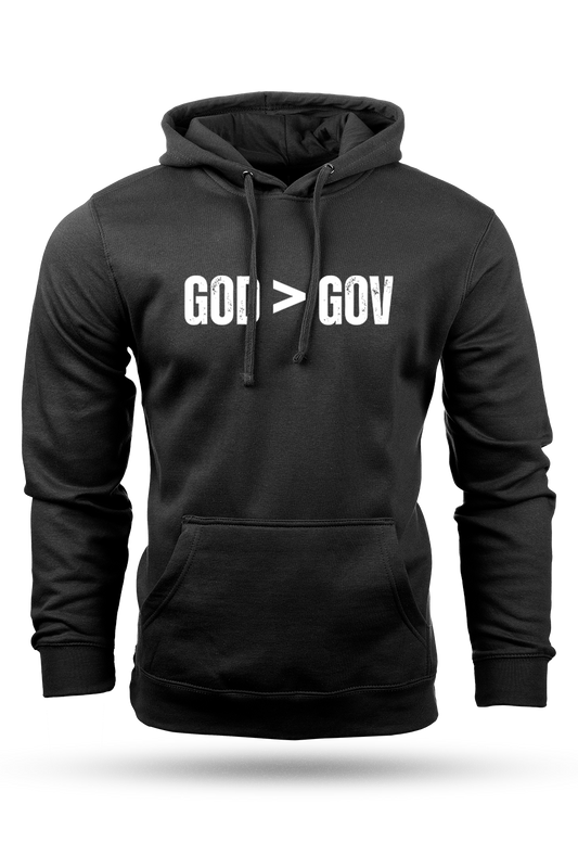 Black hoodie with 'GOD > GOV' text on a white background