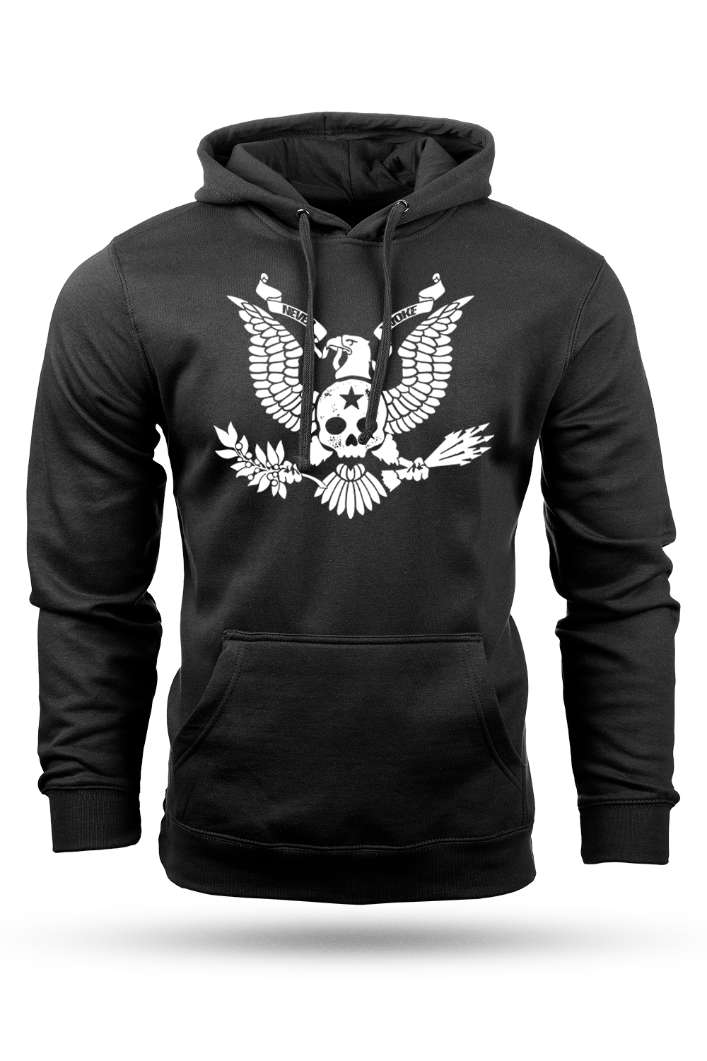 Black hoodie with a white eagle design on a white background