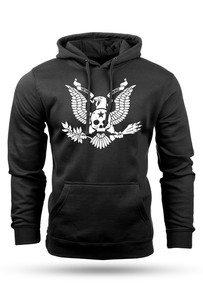 Black hoodie with a white eagle design on a white background
