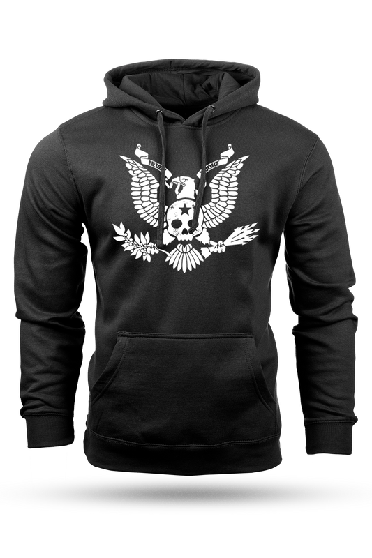 Black hoodie with a white eagle design on a white background