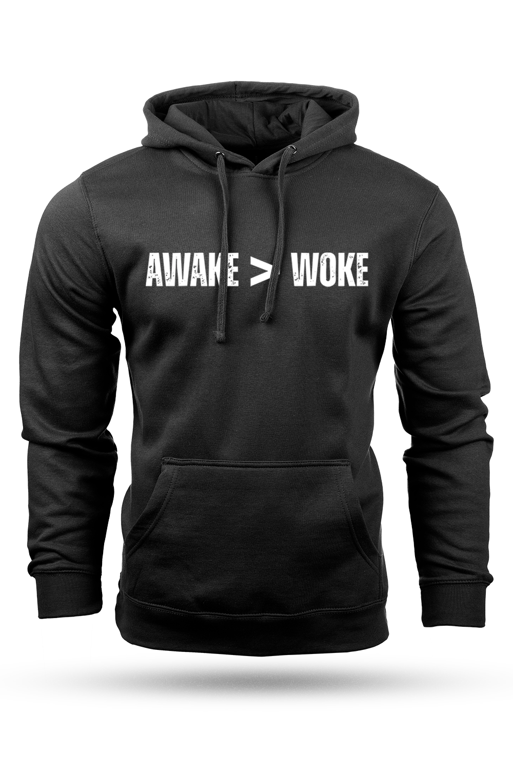 Black hoodie with 'AWAKE > WOKE' text on a white background
