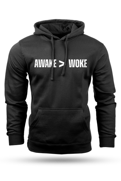 Black hoodie with 'AWAKE > WOKE' text on a white background