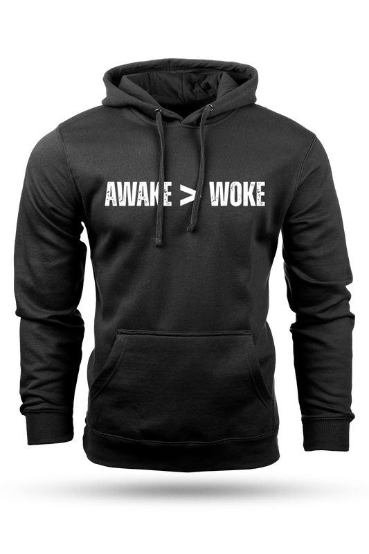 Black hoodie with 'AWAKE > WOKE' text on a white background