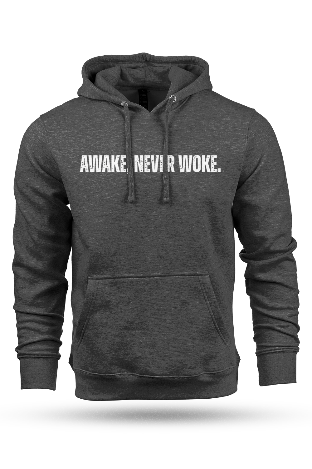 Gray hoodie with 'AWAKE NEVER WOKE' text on a white background