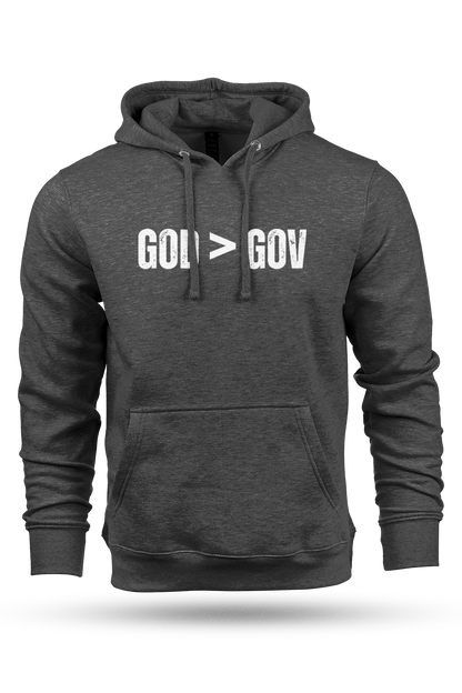 Gray hoodie with 'GOD > GOV' text on a white background