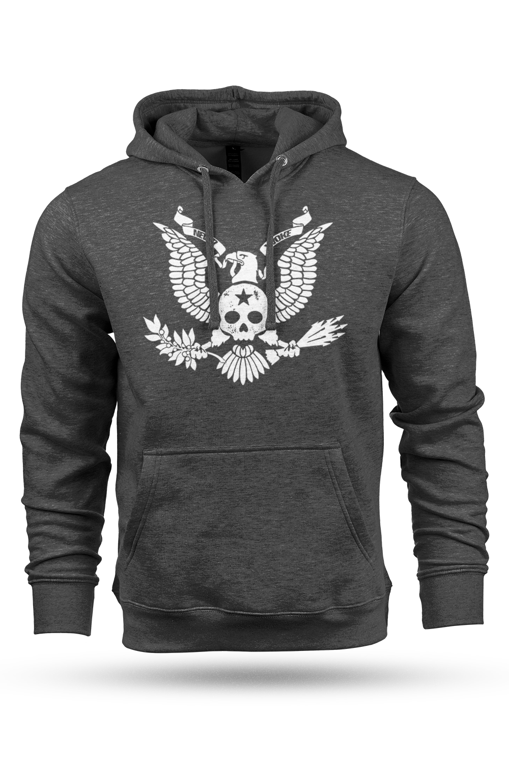 Dark gray hoodie with a white skull and eagle design on a white background