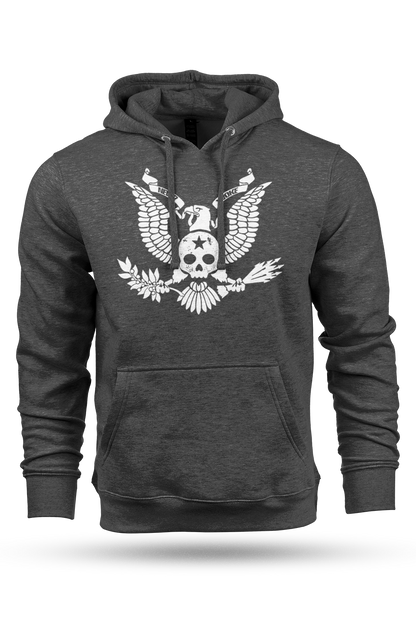 Dark gray hoodie with a white skull and eagle design on a white background