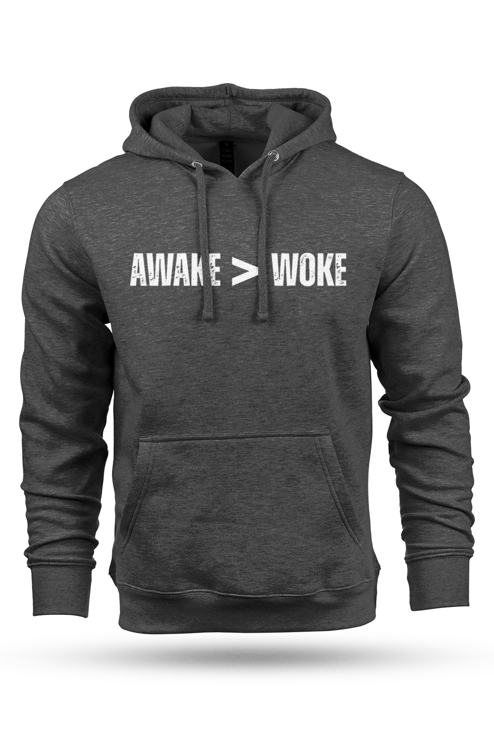 Gray hoodie with 'AWAKE > AWoke' text on a white background