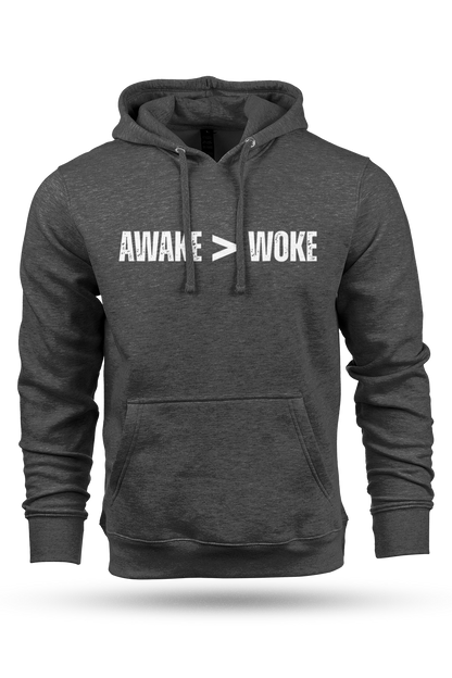 Gray hoodie with 'AWAKE > AWoke' text on a white background