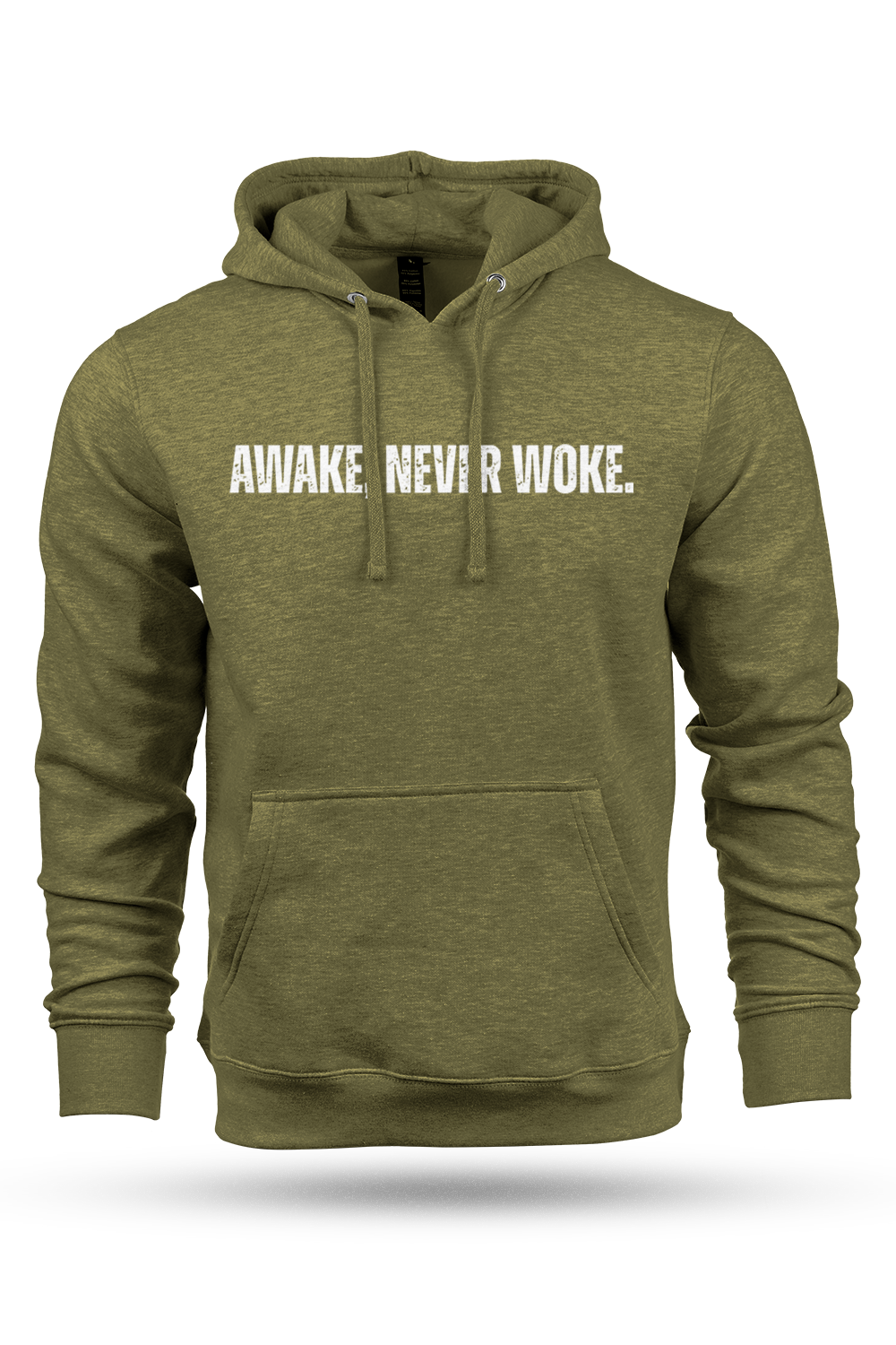 Green hoodie with 'AWAKE NEVER WOKE' text on a white background