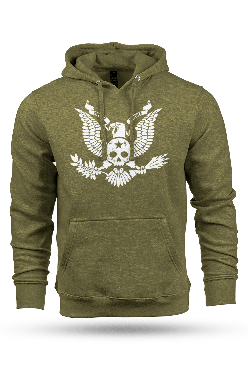 Green hoodie with a white skull and eagle graphic design on a white background