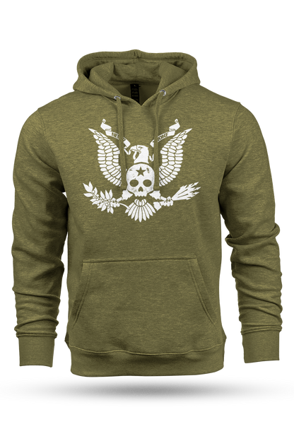 Green hoodie with a white skull and eagle graphic design on a white background