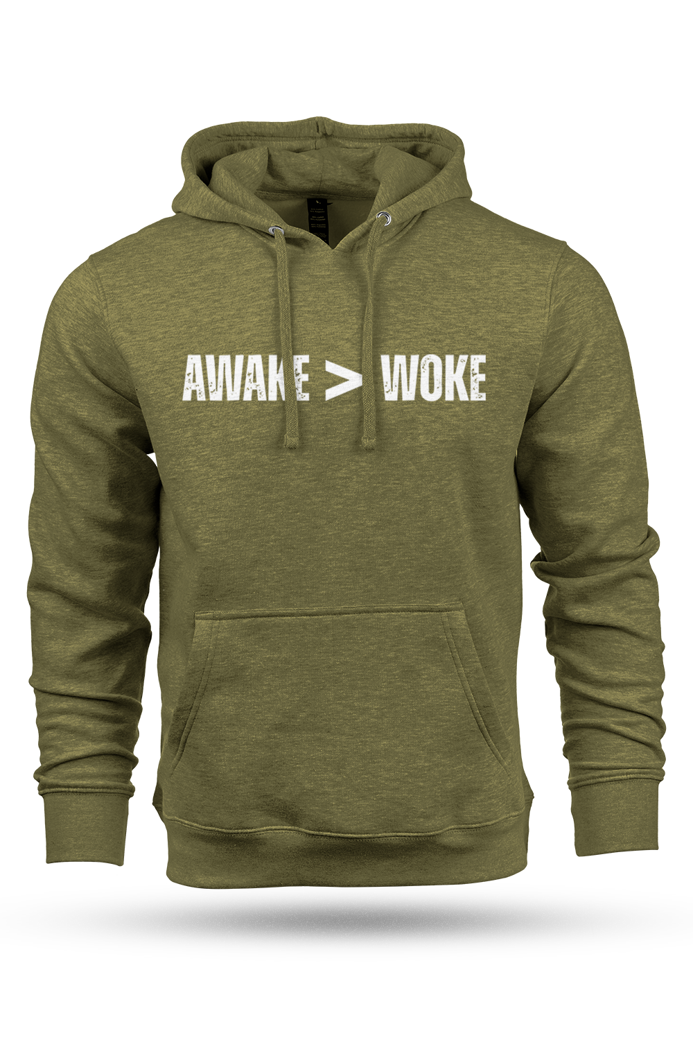 Green hoodie with 'AWAKE > WOKE' text on a white background