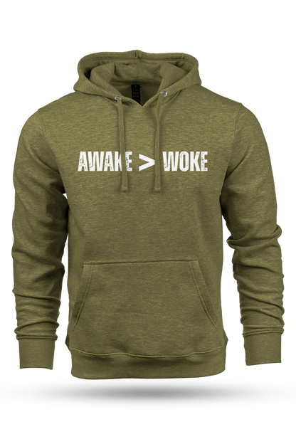 Green hoodie with 'AWAKE > WOKE' text on a white background