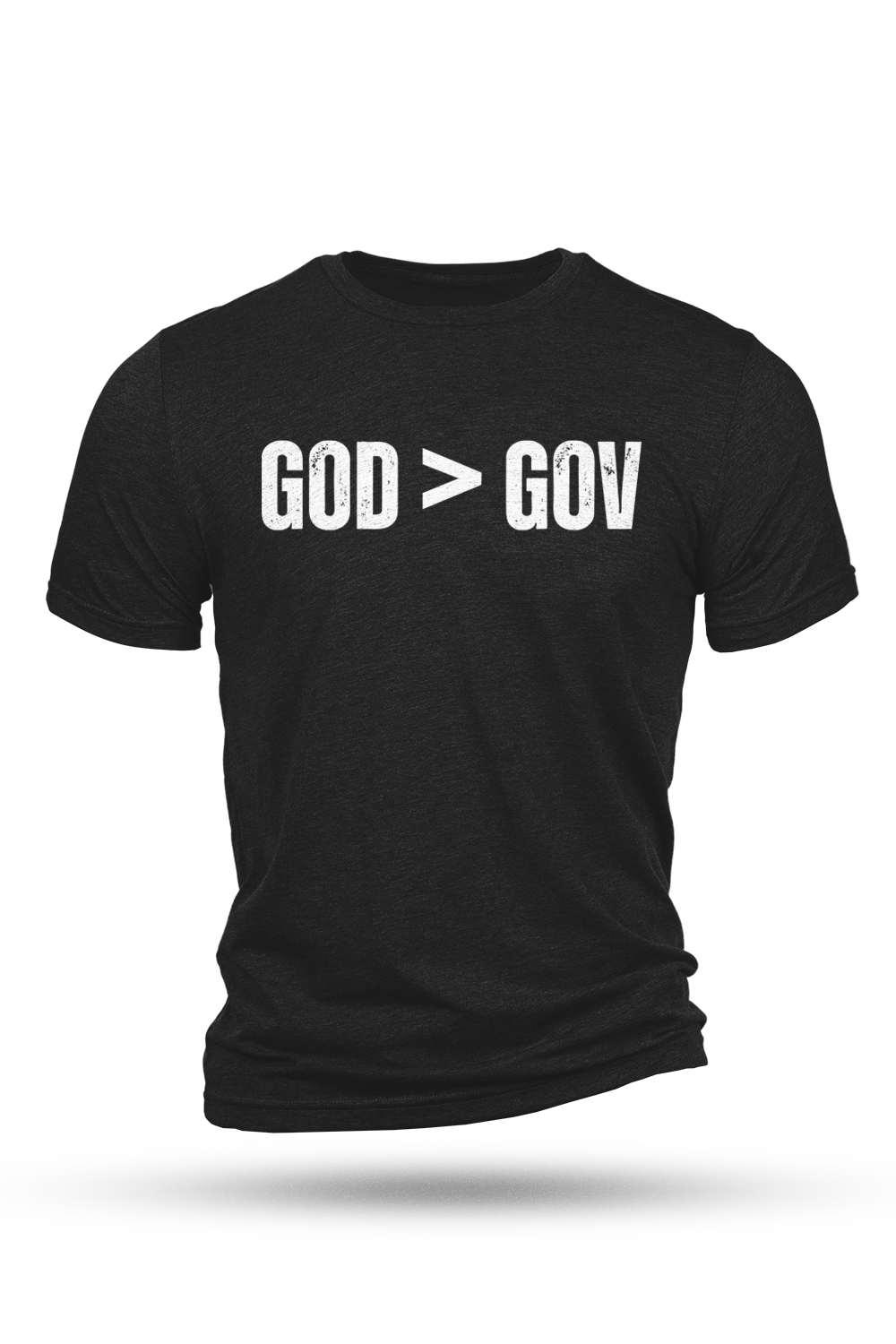 Black t-shirt with 'GOD > GOV' text on a white background