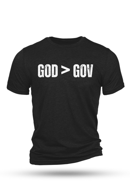 Black t-shirt with 'GOD > GOV' text on a white background
