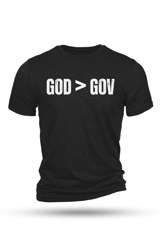 Black t-shirt with 'GOD > GOV' text on a white background