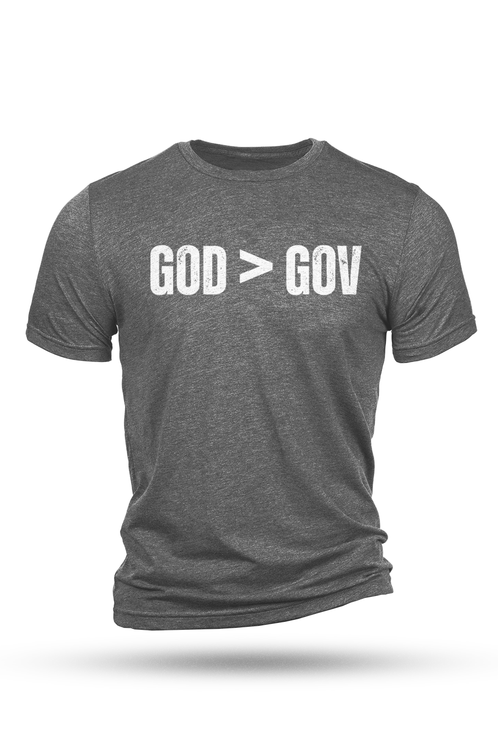 Gray t-shirt with 'GOD > GOV' text on a white background