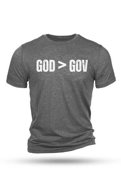 Gray t-shirt with 'GOD > GOV' text on a white background