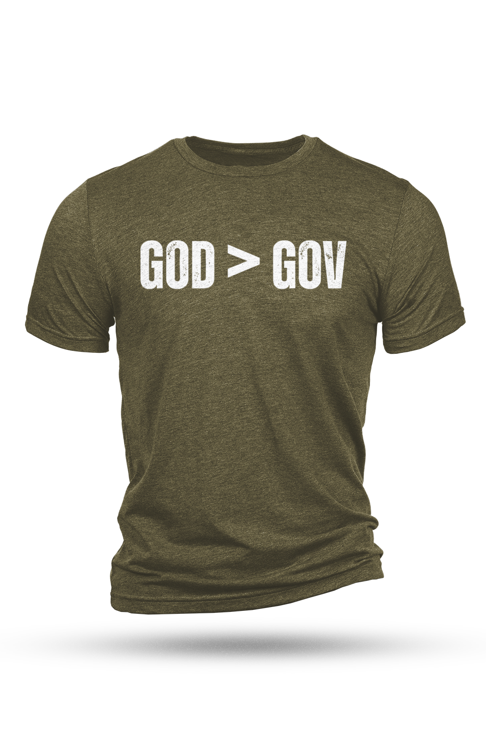 Green t-shirt with 'GOD > GOV' text on a white background